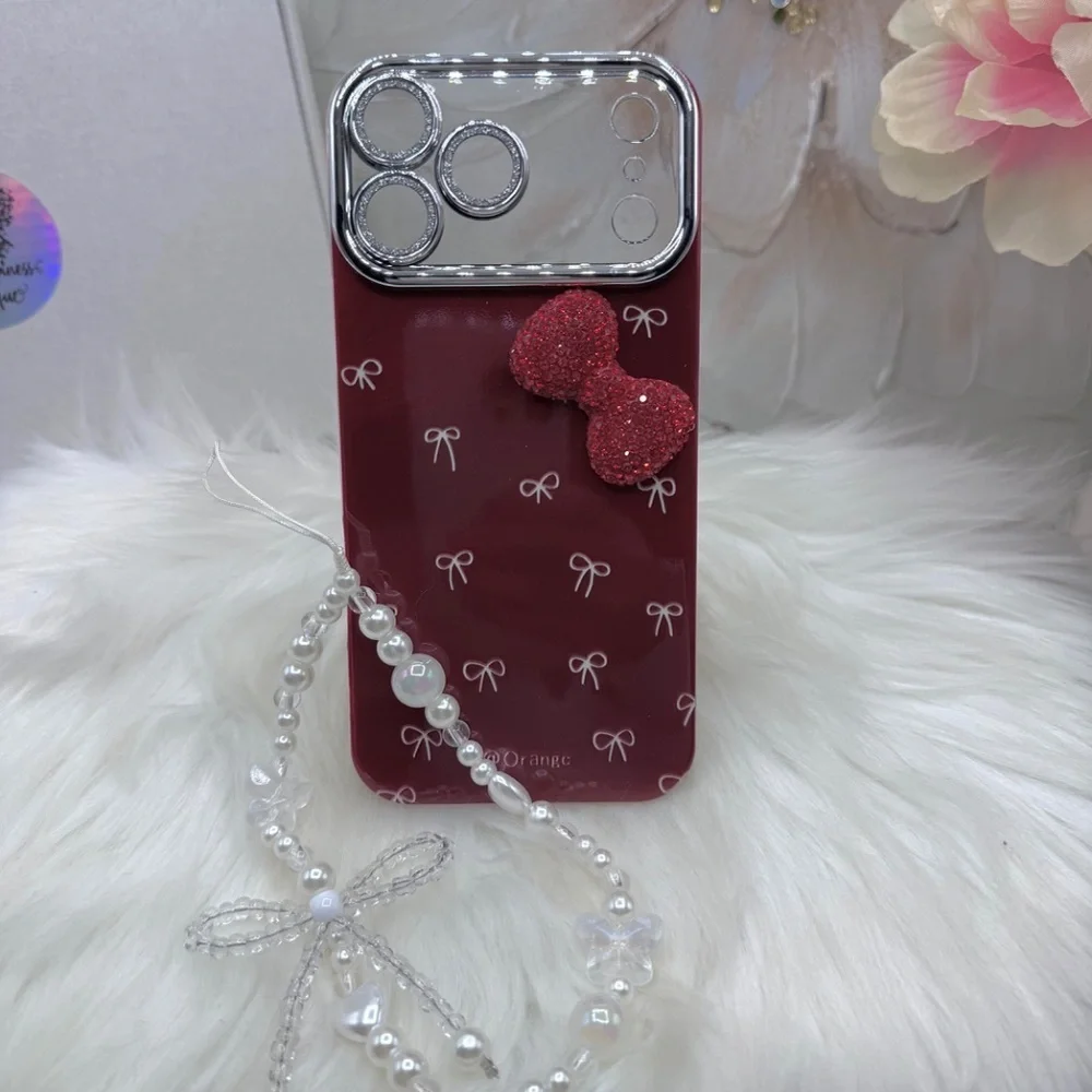 Chic iPhone 17 Pro Max  Bow Theme Wine Case w/ bows design & matching bead charm
